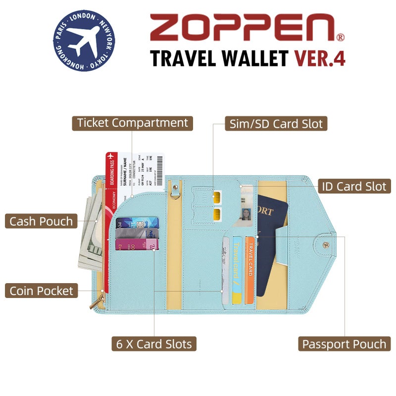 ZOPPEN حامل جواز السفر متعدد الأغراض مع حجب RFID من زوبين (الإصدار 4) مجموعة حامل جواز السفر وبطاقة اللقاح، منظم مستندات ثلاثي الطيات، مستلزمات السفر، أزرق باراديس 23 - Image 5
